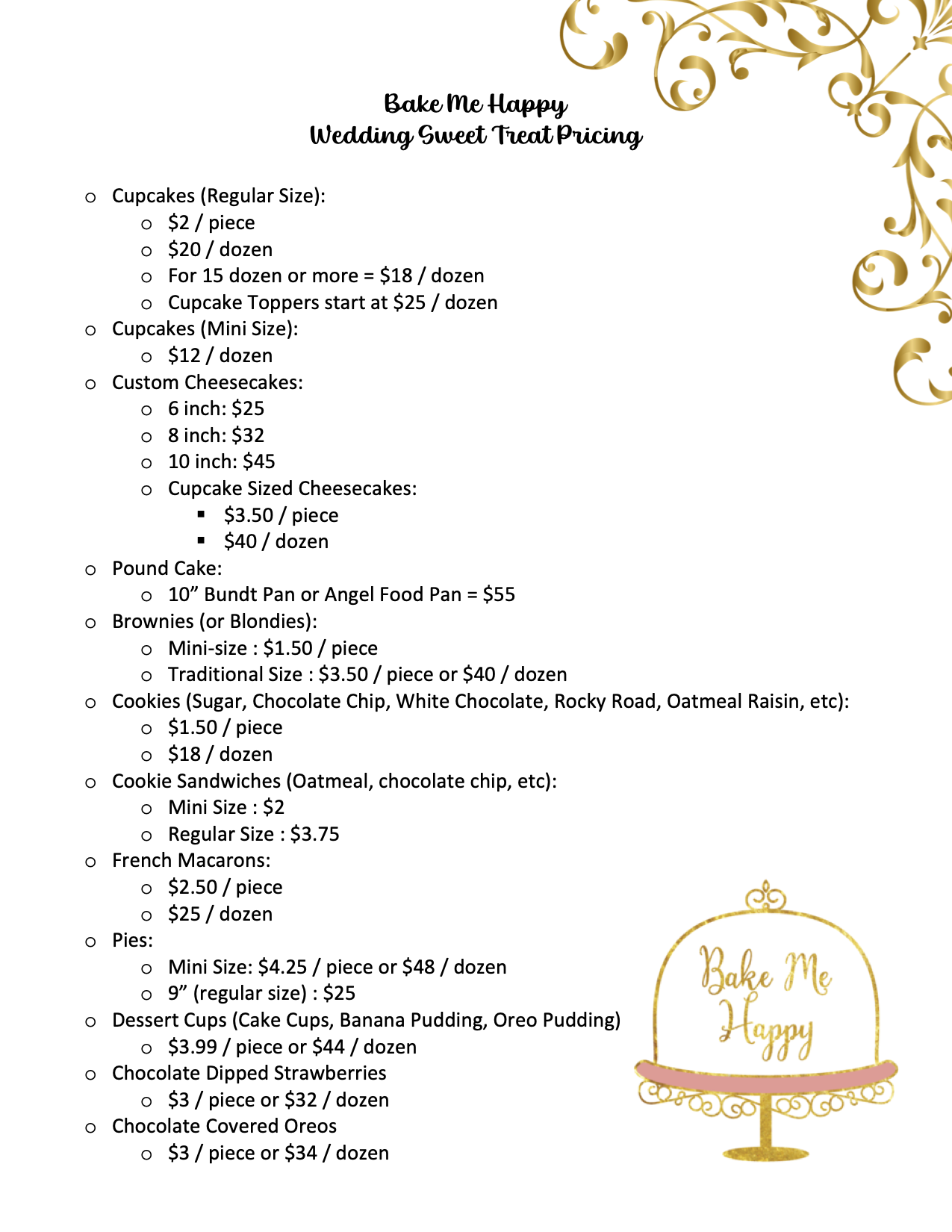 Bake Me Happy menu - cupcakes, cake slices, macarons, cannoli, tiramisu and rotating treats in Madison NC